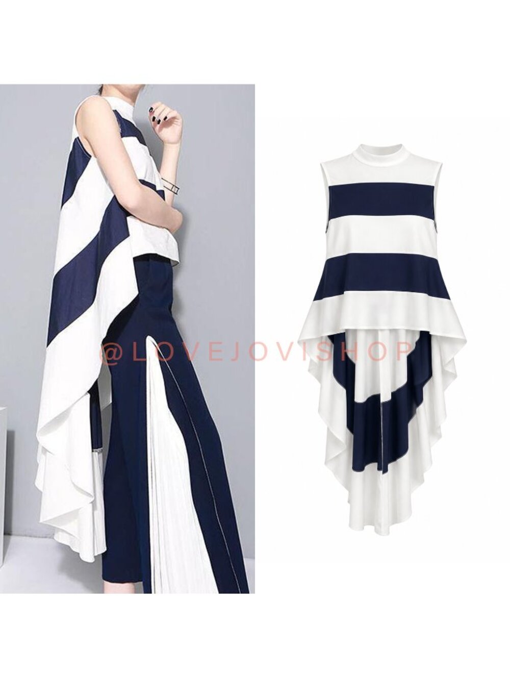 Avant Garde | Gracia Navy White Striped High Low Top Dramatic Train | Americana